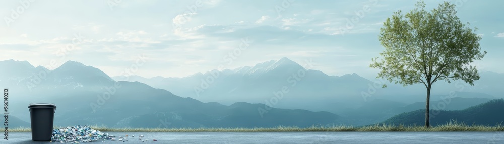 A serene landscape featuring a solitary tree and a distant mountain range, capturing tranquility and natural beauty. A serene landscape featuring a solitary tree and a distant mountain range, capturing tranquility and natural beauty.