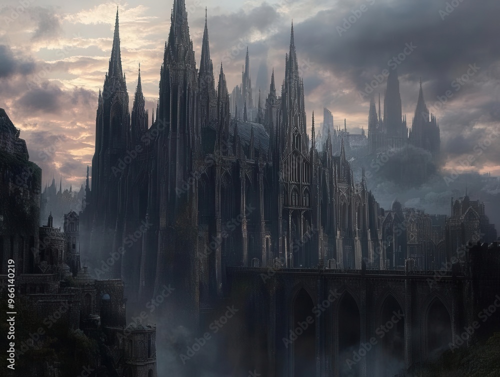 Fototapeta premium Gothic architecture with towering spires and dark stone details, gothic architecture, historical design visual