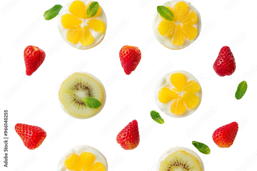 Fresh Fruit Dessert food with sweet sugar strawberry, cream, kiwi, and peppermint leaves isolated on background. Fresh Fruit Dessert food with sweet sugar strawberry, cream, kiwi, and peppermint leaves isolated on background.