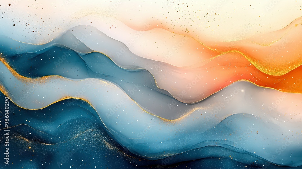 Obraz premium Abstract Blue and Orange Ink Swirls with Gold Glitter