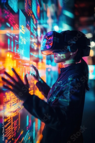 AR technology visualized with floating holographic screens and data points, AR technology, augmented reality innovation