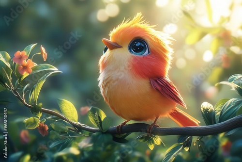 whimsical 3d cartoon bird perched on branch vibrant plumage oversized eyes lush forest background soft lighting