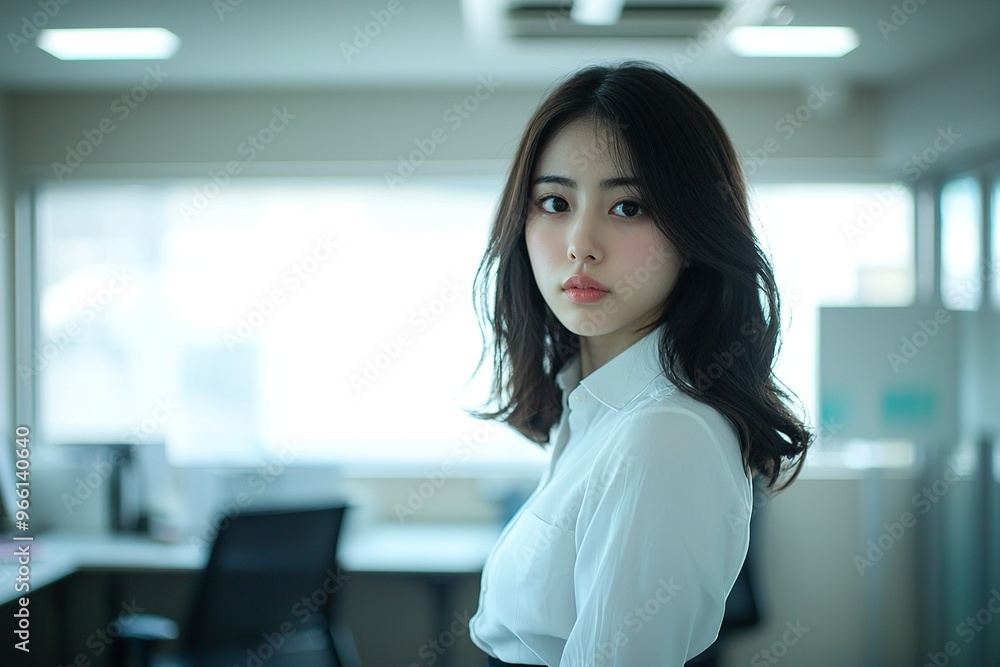 Fototapeta premium A photograph of a beautiful Japanese woman wearing a white shirt and black skirt, standing in an office room, taken with a Sony Alpha III camera.