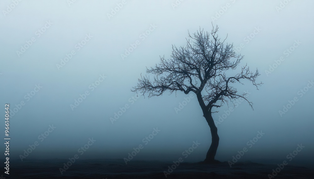 Barren tree standing alone in a foggy landscape, barren tree, solitude and desolation visual Barren tree standing alone in a foggy landscape, barren tree, solitude and desolation visual