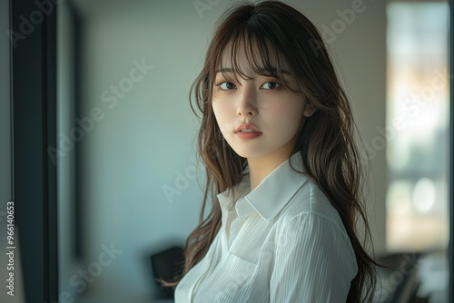 A photograph of a beautiful Japanese woman wearing a white shirt and black skirt, standing in an office room, taken with a Sony Alpha III camera. photo