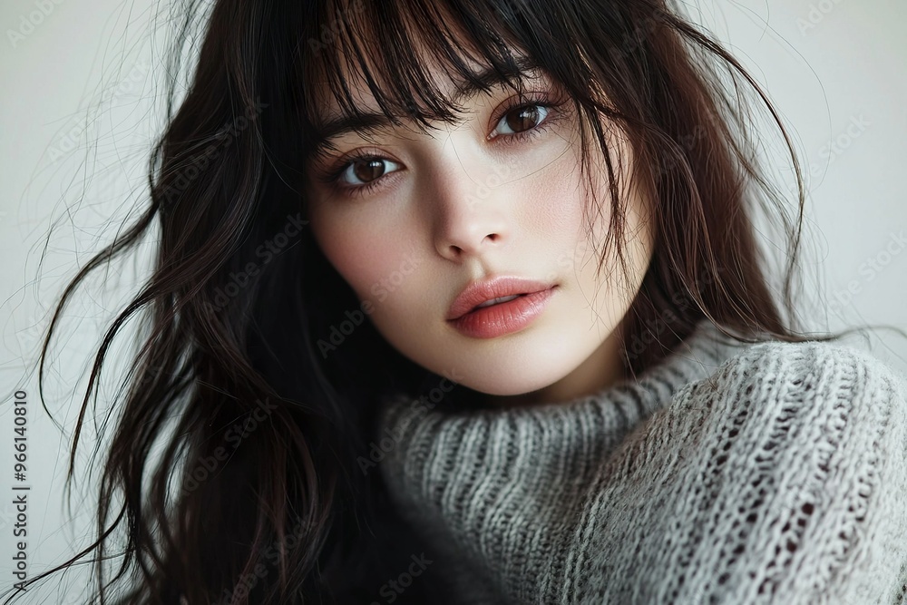 A photograph of an extremely beautiful Japanese woman with long hair, bangs, and a side part, wearing a light gray sweater A photograph of an extremely beautiful Japanese woman with long hair, bangs, and a side part, wearing a light gray sweater