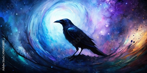 Dark, mysterious crow silhouette emerges from swirling vortex of midnight blues and purples, surrounded by expressive photo