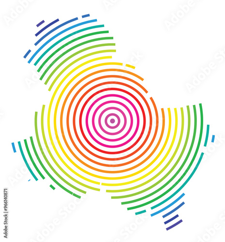 Symbol Map of the Departement Yonne (France) showing the territory with concentric circles in rainbow colors like a shooting target