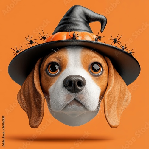 Cute beagle dog wearing a witch hat, perfect for Halloween-themed projects, adding a playful touch to your designs. photo