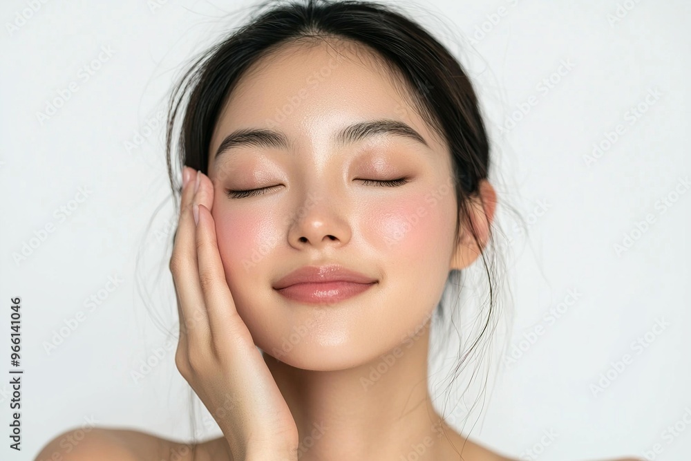 A young Asian woman with flawless skin is gently touching her face, showcasing the beauty of Korean makeup and skincare products. A young Asian woman with flawless skin is gently touching her face, showcasing the beauty of Korean makeup and skincare products.