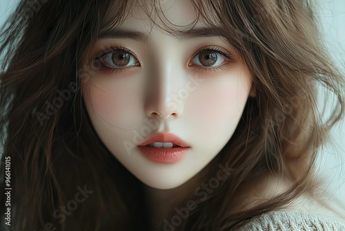 Wallpaper Mural A very beautiful Japanese girl with long brown hair, big eyes, and a light-colored top. The image has a realistic, photographic style, resembling a selfie profile picture on Instagram. Torontodigital.ca