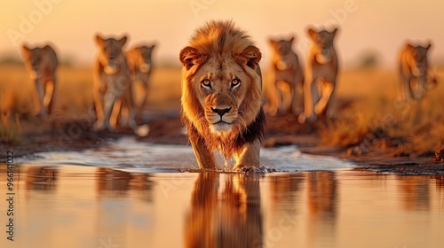 A majestic lion arriving at a watering hole, while a pride of lions departs, casting long shadows in the savannah