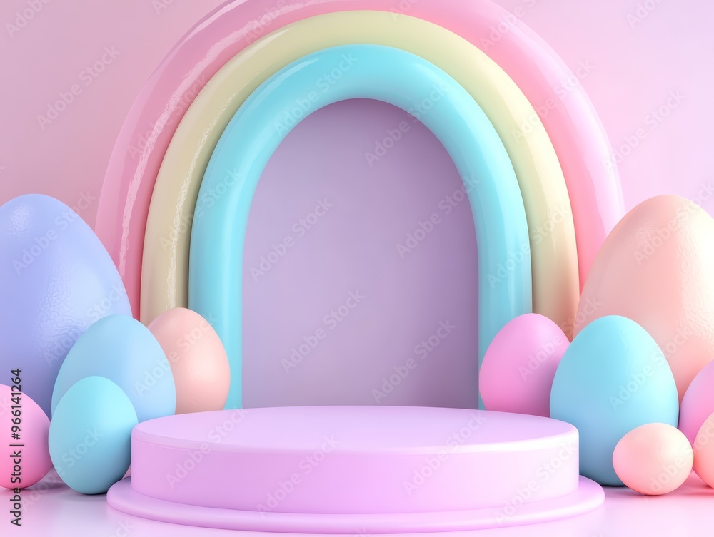 Easter Promotions color, Abstract Art style background, empty 3D pedestal podium, 3D render illustration Easter Promotions color, Abstract Art style background, empty 3D pedestal podium, 3D render illustration