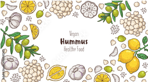 Hummus packaging design template. Cooking and ingredients for hummus. Sketch illustration. Middle eastern cuisine frame. Healthy food recipe, design elements. Hand drawn, package design.