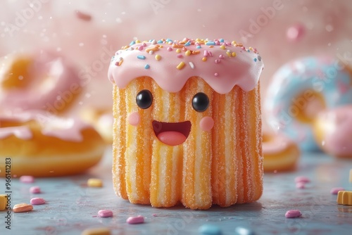 whimsical cartoon churro character with sprinklecovered icing expressive eyes and charming smile set against pastel background with playful donutinspired elements photo