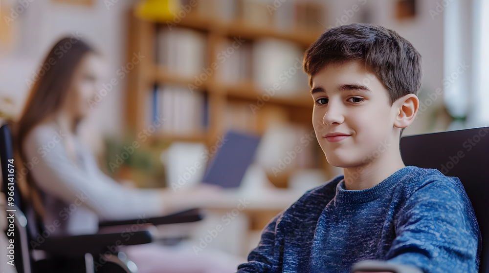 A teenage boy is sitting comfortably in chair, smiling softly while looking at camera. In background, girl is focused on her work, creating warm and engaging atmosphere
