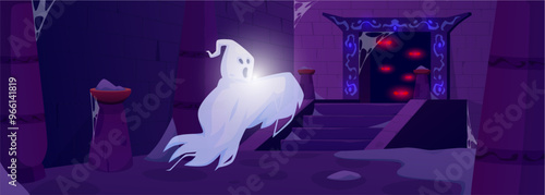 Castle dungeon hall with scary ghost, vector medieval prison dark gate, stone wall, ancient jail basement with monster
