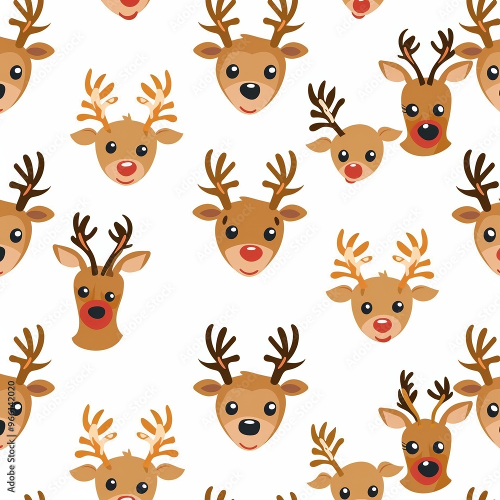 Seamless pattern featuring various cartoon reindeer faces with antlers on a white background. Seamless pattern featuring various cartoon reindeer faces with antlers on a white background.