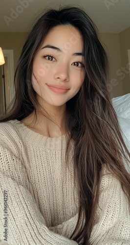 Photo of a beautiful Japanese woman with long hair, an aura of a gentle smile, wearing a beige-white sweater, in a bedroom setting, in a close-up selfie. photo