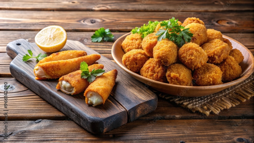 Crispy fried fish fillets served with hushpuppies on wooden table Crispy fried fish fillets served with hushpuppies on wooden table