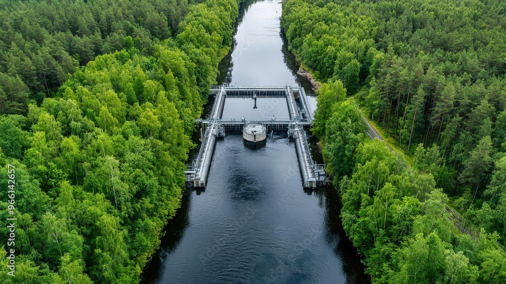 Birds-eye view of a river near a paper mill, with water waste management systems visible, Environmental impact of papermaking, sustainability, nature Birds-eye view of a river near a paper mill, with water waste management systems visible, Environmental impact of papermaking, sustainability, nature