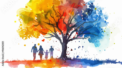 Familie Silhouette Baum Pädagogik Zusammenhalt Eltern Kinder Freiheit Freude Bunt Farben Wasserfarben Vektor