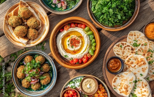 A vibrant spread of Middle Eastern dishes, featuring hummus, falafel, fresh herbs, and pita, perfect for sharing.