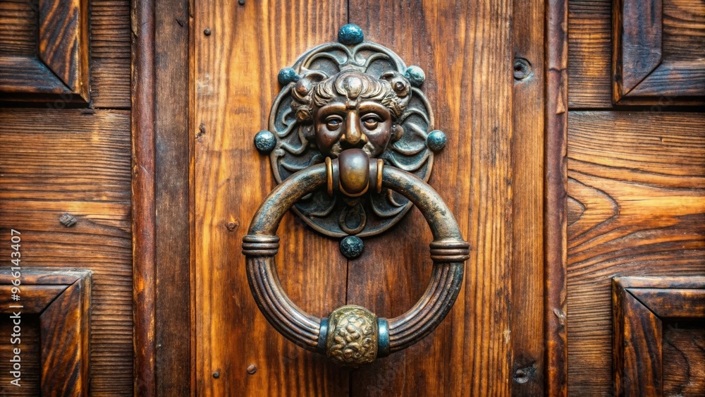 Close-up of a bronze knocker on a wooden door Close-up of a bronze knocker on a wooden door