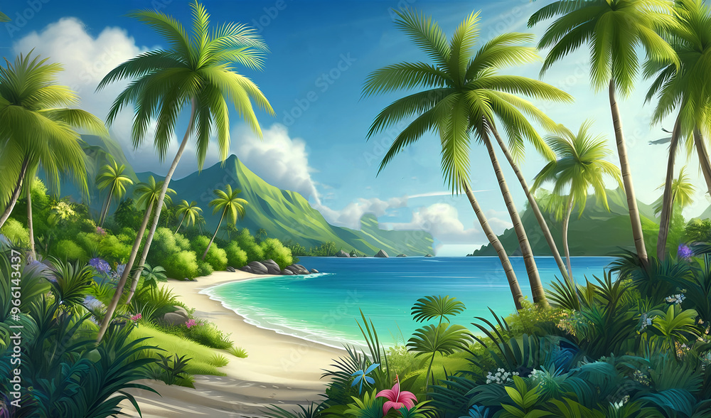 Fototapeta premium A secluded tropical beach with crystal clear blue water, golden sand and palm trees.