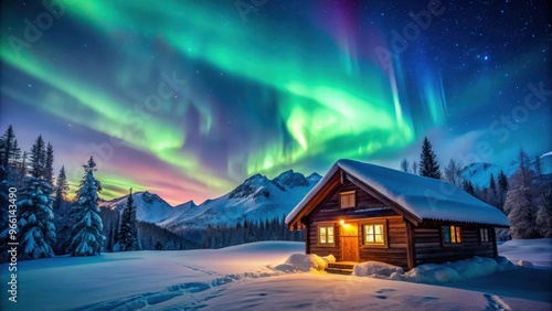 Winter wonderland with cozy wooden cabin nestled among snowy mountains under vibrant northern lights in the night sky