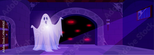 Vector illustration with a creepy dungeon interior with ghosts and monsters with red eyes