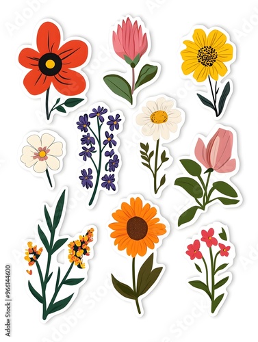 Collection of Colorful Flower Stickers with White Background