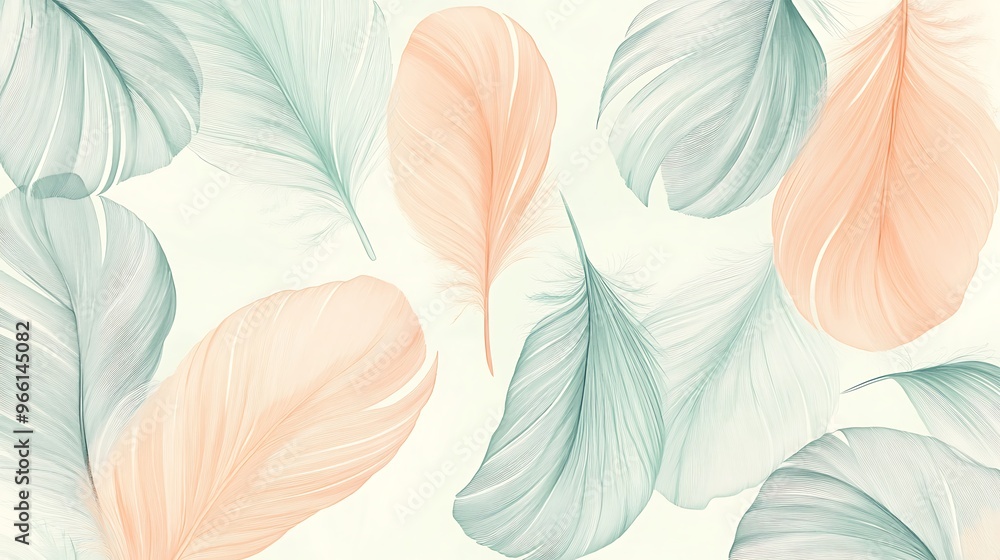Fototapeta premium Abstract Pastel Green and Peach Feathers Background