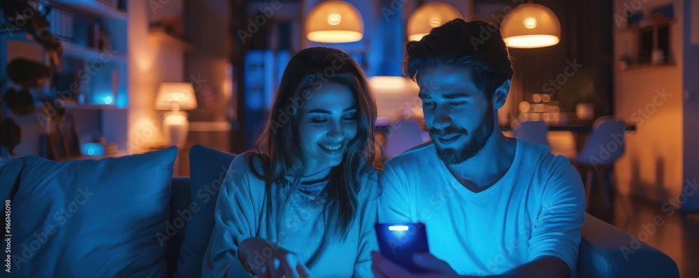 Young couple in a modern home, sharing a moment together illuminated by ambient lighting.
