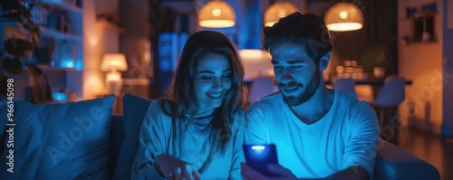 Obraz na płótnie Young couple in a modern home, sharing a moment together illuminated by ambient lighting. w salonie