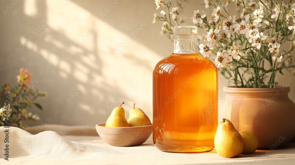 Large Glass Bottle of Honey with Pears and Flowers in Soft Sunlight - AI generated illustration Large Glass Bottle of Honey with Pears and Flowers in Soft Sunlight - AI generated illustration