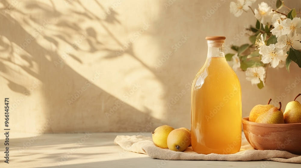 Large Glass Bottle of Honey with Pears and Flowers in Soft Sunlight - AI generated illustration Large Glass Bottle of Honey with Pears and Flowers in Soft Sunlight - AI generated illustration