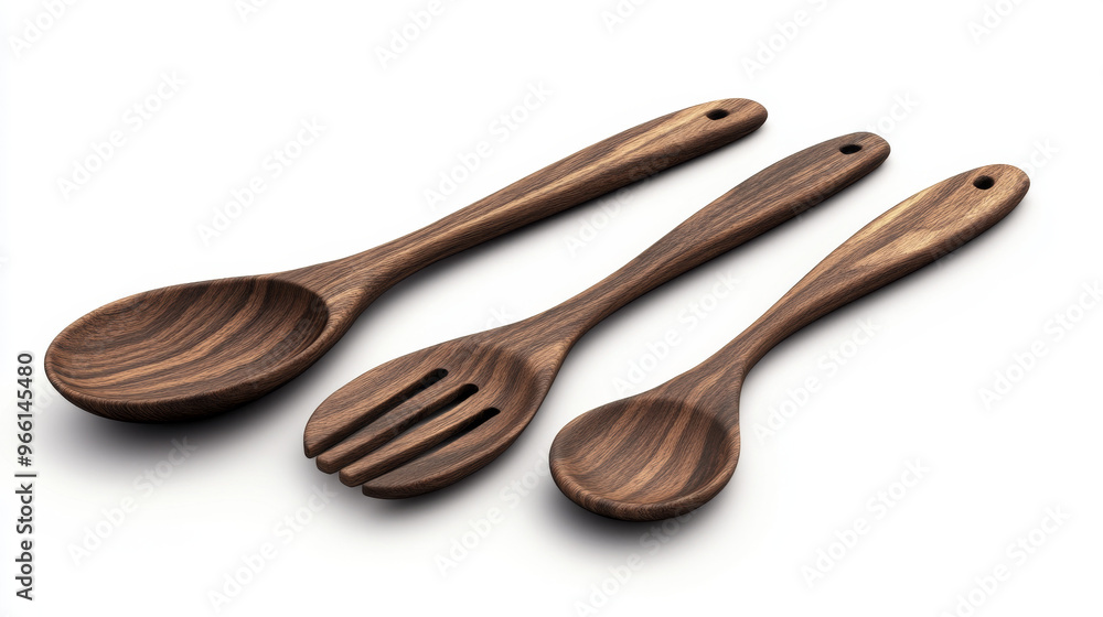 A set of wooden kitchen tools, like a spoon and spatula, are shown in a realistic 3D design. The tools are on a white background. A set of wooden kitchen tools, like a spoon and spatula, are shown in a realistic 3D design. The tools are on a white background.
