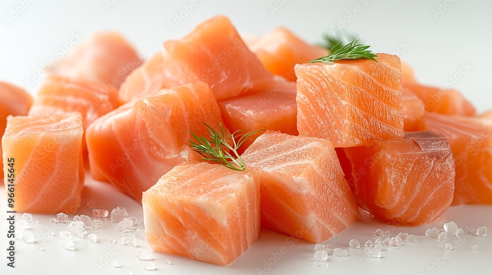 Cubed salmon pieces garnished with dill and sprinkled with sea salt, showcasing fresh and vibrant colors. Cubed salmon pieces garnished with dill and sprinkled with sea salt, showcasing fresh and vibrant colors.