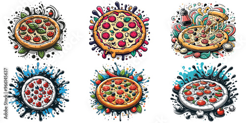 Artistic pizza illustrations with vibrant colors and splash effects, perfect for restaurant decor