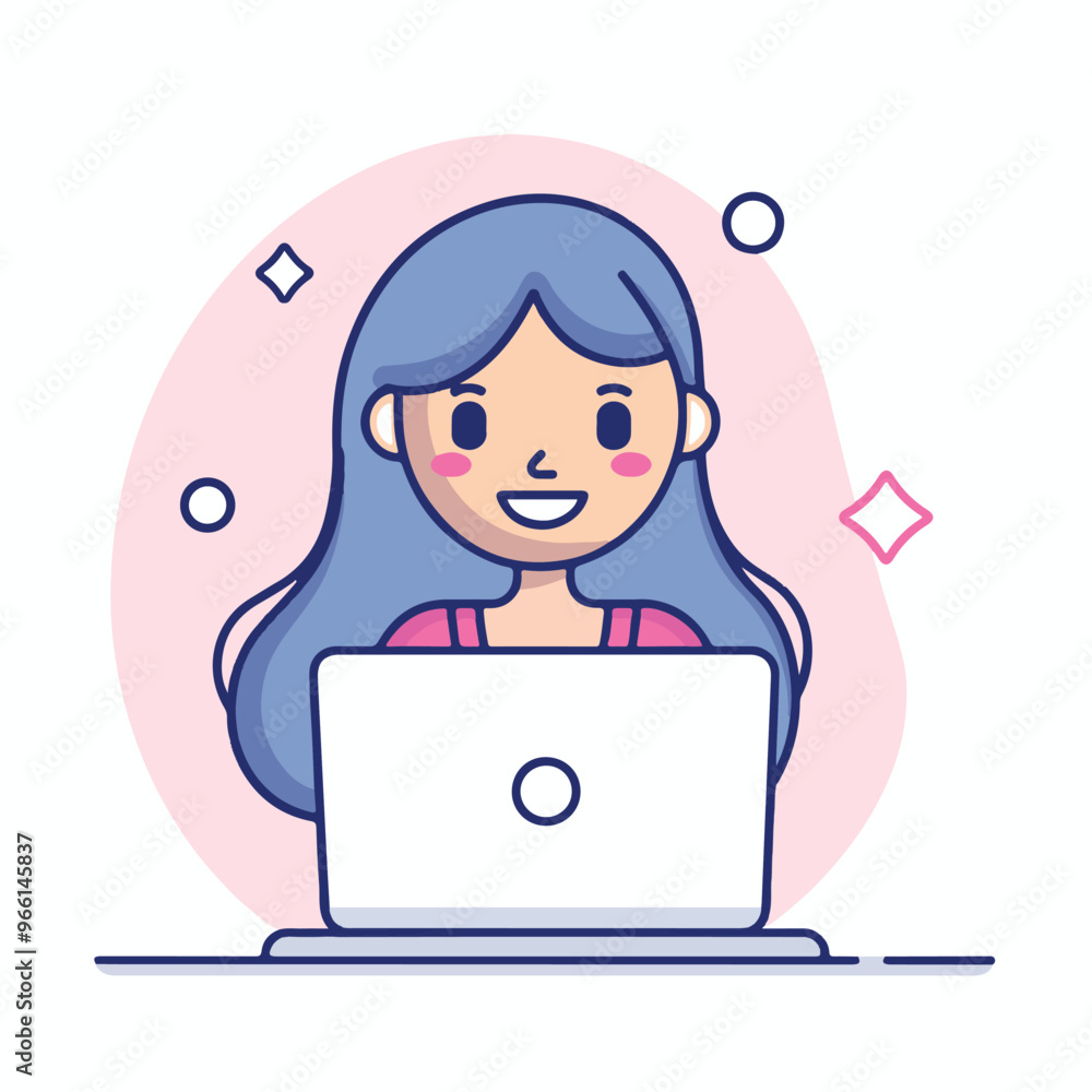 A woman smiling while sitting at her laptop, flat illustration style, white background
A woman smiling while sitting at her laptop, flat illustration style, white background