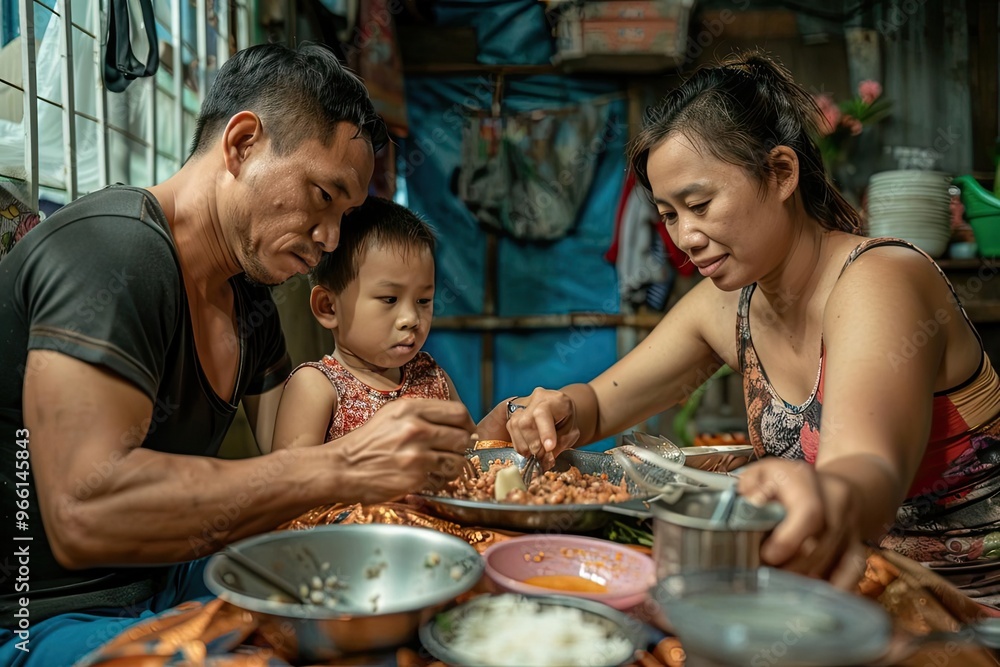 A family gathered around a small table in a modest home A family gathered around a small table in a modest home