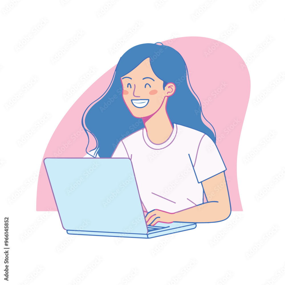 A woman smiling while sitting at her laptop, flat illustration style, white background
A woman smiling while sitting at her laptop, flat illustration style, white background