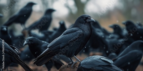 A captivating group of black crows gathered together, showcasing their sleek feathers in a natural, moody atmosphere. photo