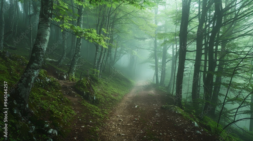 Obraz premium A serene woodland trail enveloped in fog, with shafts of sunlight creating a mystical ambiance
