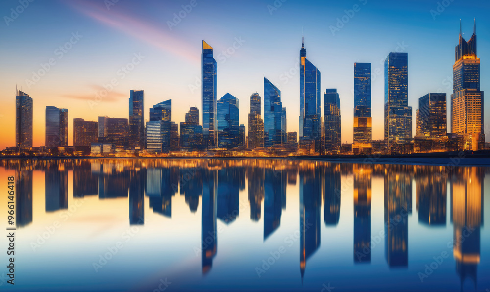 Obraz premium A panoramic view of Abu Dhabi's skyline at sunset, reflecting in the calm waters of the Persian Gulf