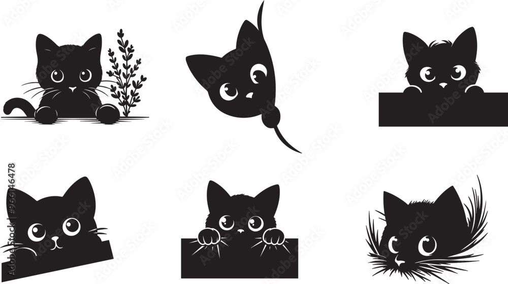 Fototapeta premium set of black peeking cats silhouette vector art illustration