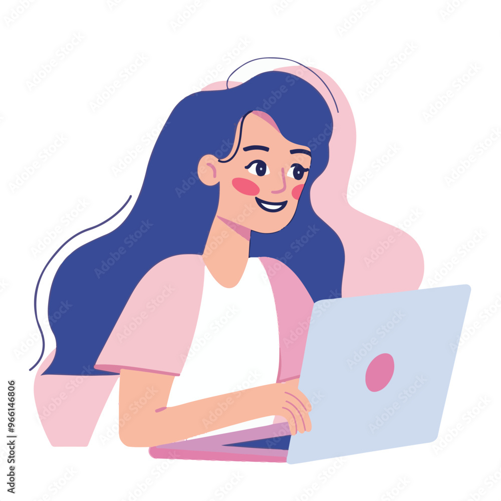 A woman smiling while sitting at her laptop, flat illustration style, white background
A woman smiling while sitting at her laptop, flat illustration style, white background