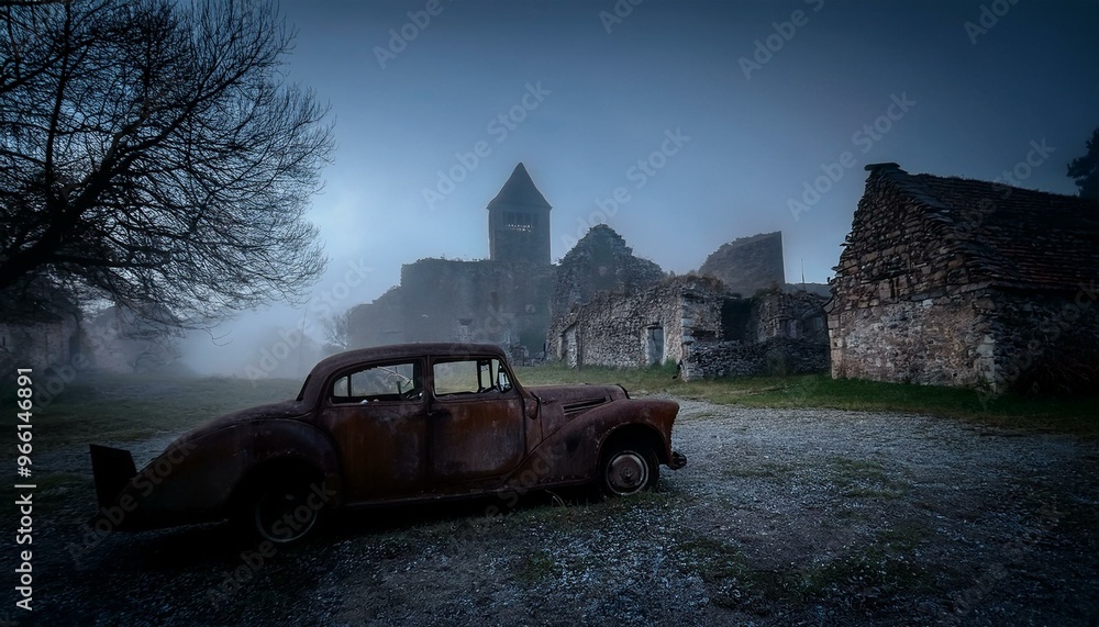 Fototapeta premium Poblado abandonado del pasado, entre niebla