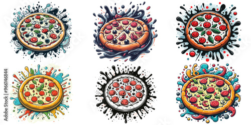 Colorful pizza splash vector illustrations, vibrant and diverse, perfect for restaurant menus